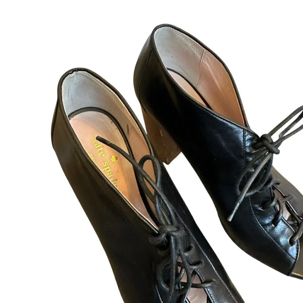 Kate Spade Inella Black Lace-Up Heels Sandals Booties Wood Size 7.5 Women's